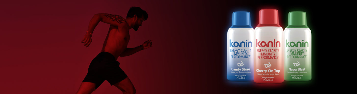 Hero image of contact page. Three bottles of kanin energy clarity immunity performance supplement with a person running in the background.