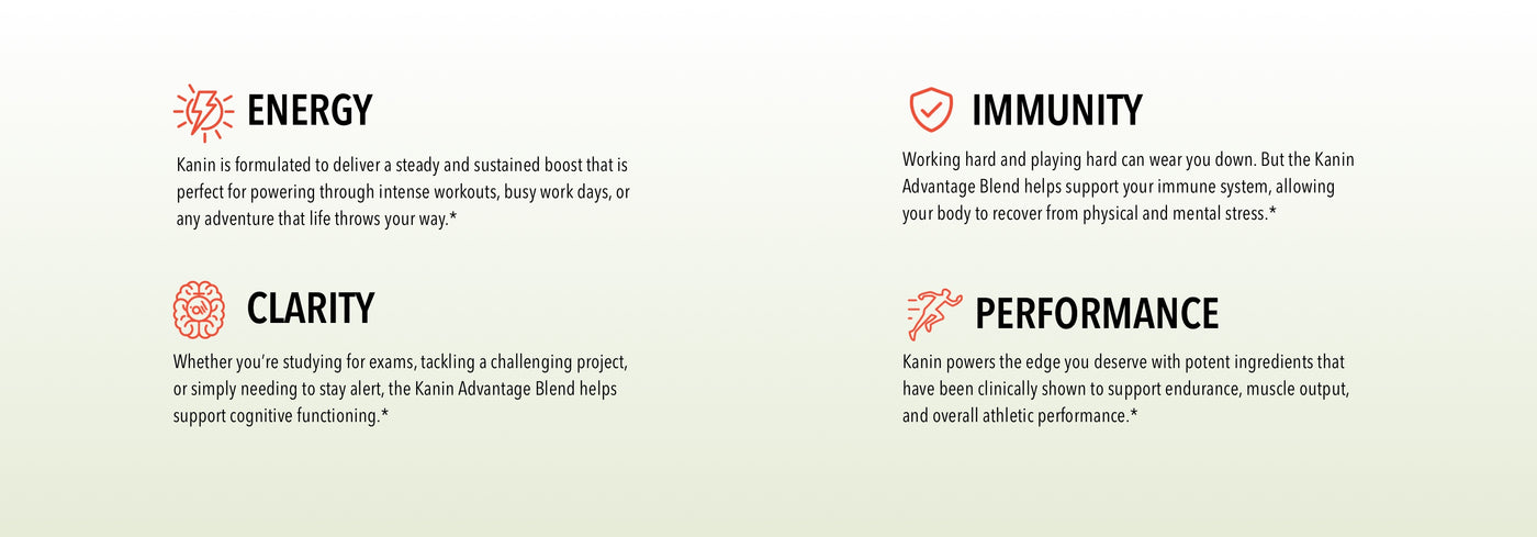 Benefits of Kanin Energy Shot - Energy: formulated to deliver a steady and sustained boost that is perfect for powering through intense workouts, busy work days, or any adventure. Immunity: working hard and playing hard can wear you down, but the Kanin Advantage Blend helps support your immune system, allowing your body to recover from physical and mental stress. Clarity: The Kanin advantage blend helps support cognitive functioning. Performance: supports endurance, muscle output and overall performance!