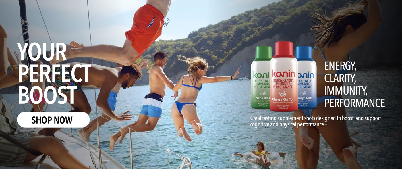 Kanin provides energy, clarity, immunity, and performance in a small shot size drink that tastes great and designed to boost cognitive and physical performance. "Your Perfect Boost" with people jumping into water and Kanin product packaging. Shopkanin, Kanin energy shot