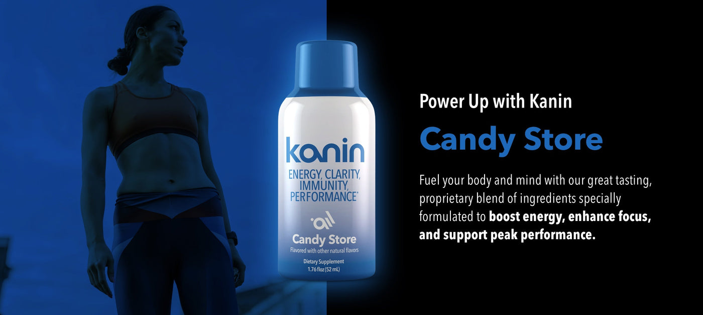 Kanin Candy store energy supplement bottle with silhouettes against a blue background. Formulated to boost energy, enhance focus, and support peak performance.