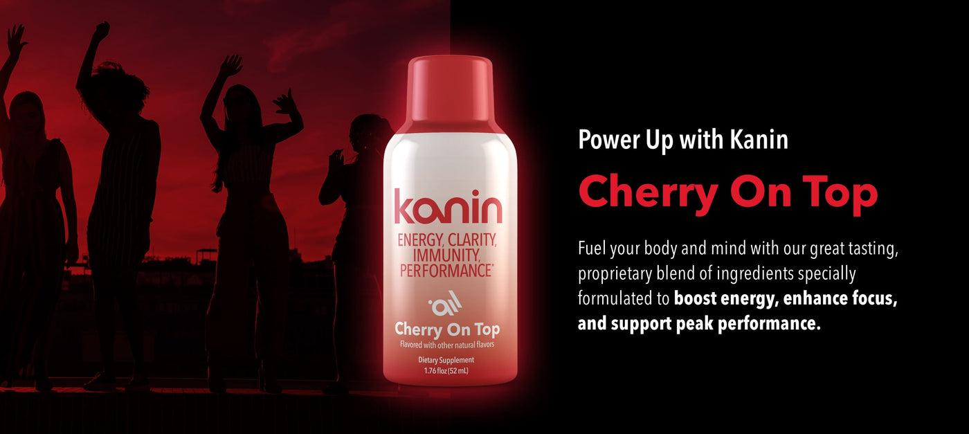 Kanin Cherry On Top energy supplement bottle with silhouettes against a red background. Formulated to boost energy, enhance focus, and support peak performance.